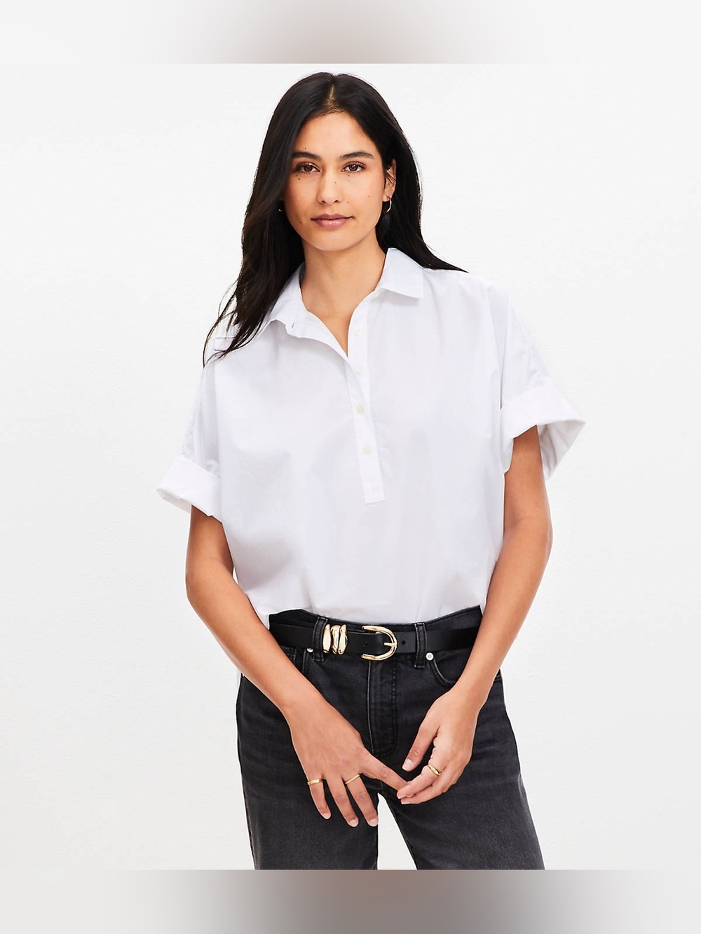 LOFT White Cotton Poplin Popover Shirt Women’s Relaxed Fit medium
